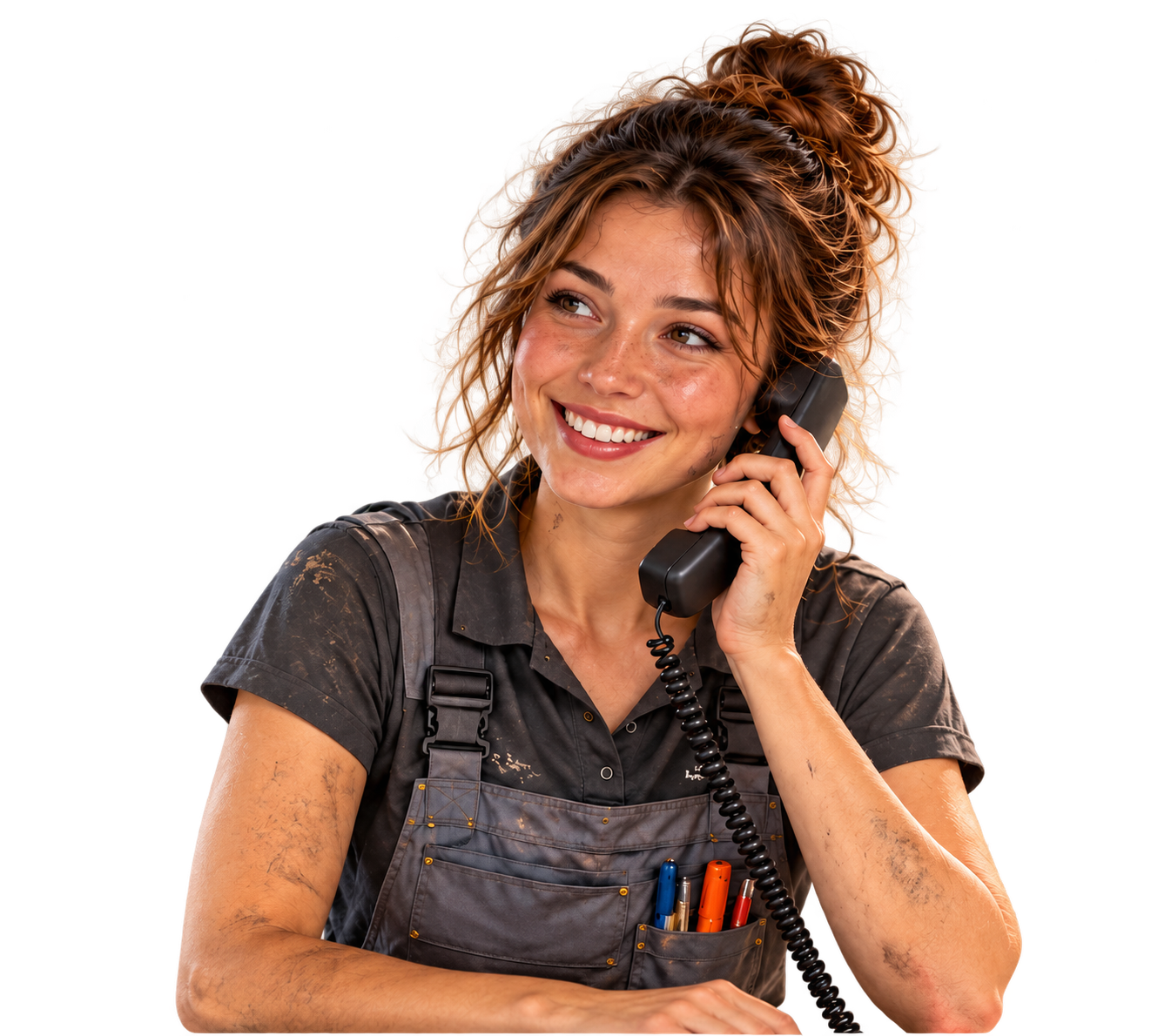 Lisa, die KI-Telefonassistentin von Heizsmart, mit Telefonhörer